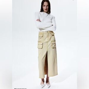 H&M DENIM CARGO MAXI SKIRT WITH SLIT - BEIGE